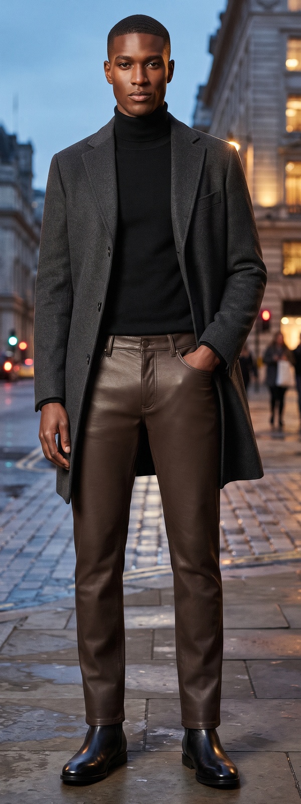 Charcoal Wool Overcoat with Black Turtleneck and Brown Leather Pants