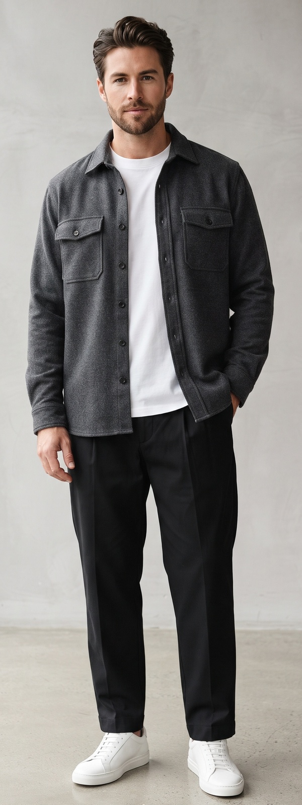 Charcoal Grey Wool Overshirt with White T-Shirt and Black Pants