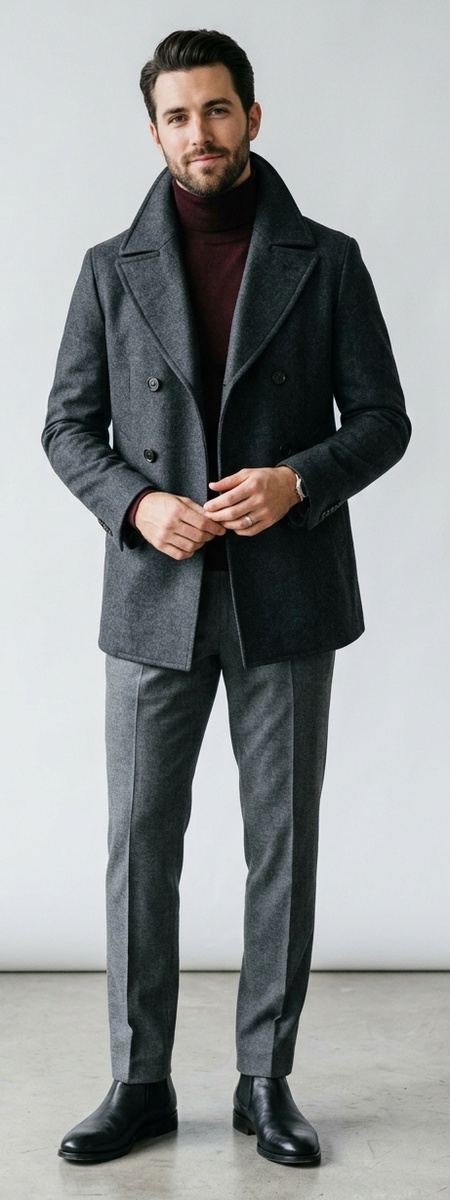 Charcoal Grey Double-Breasted Wool Peacoat with Burgundy Turtleneck and Flannel Dress Pants