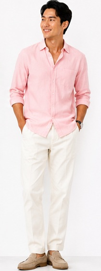Chic Summer Smart Casual with Pink Linen Shirt and Cream Chino Pants