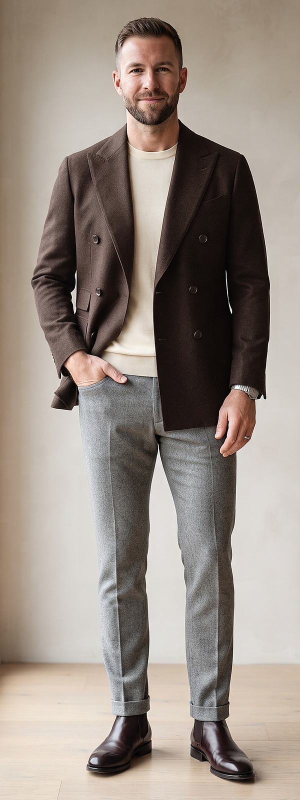 Chocolate Brown Double Breasted Blazer Cream Knit and Grey Dress Pants Look