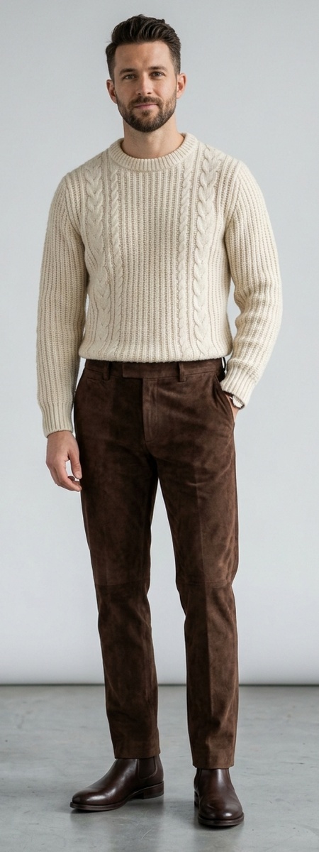 Chocolate Brown Suede Trousers with Cream Fisherman Cable Knit Sweater