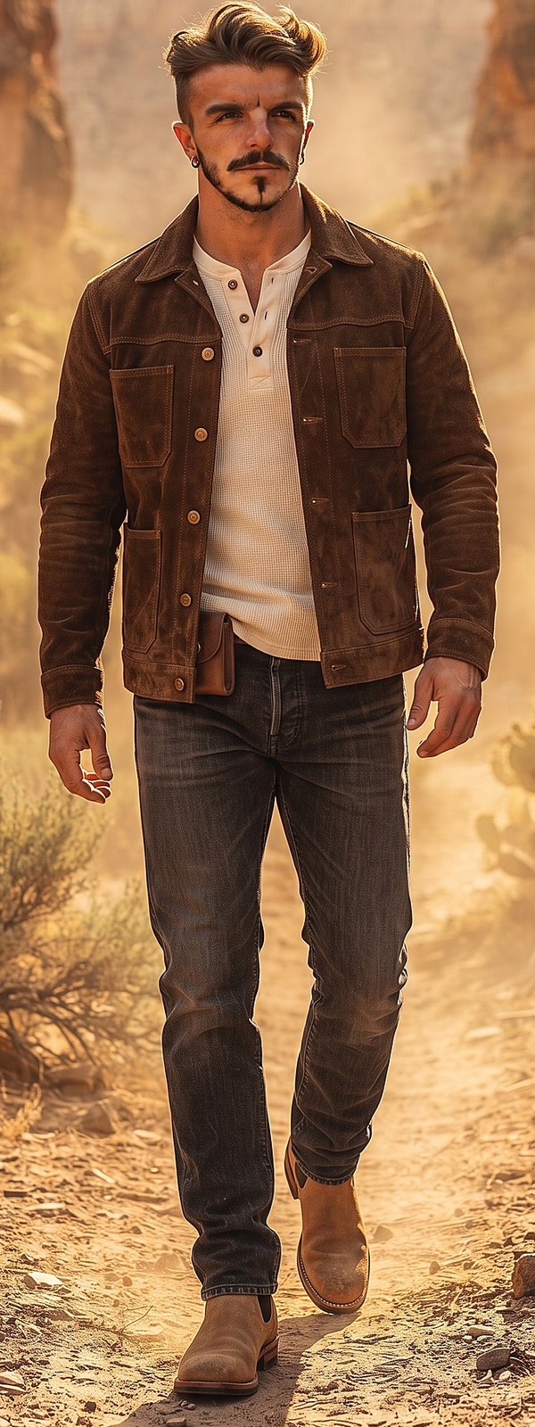 Chocolate Brown Suede Field Jacket Cream Henley and Grey Jeans Outfit