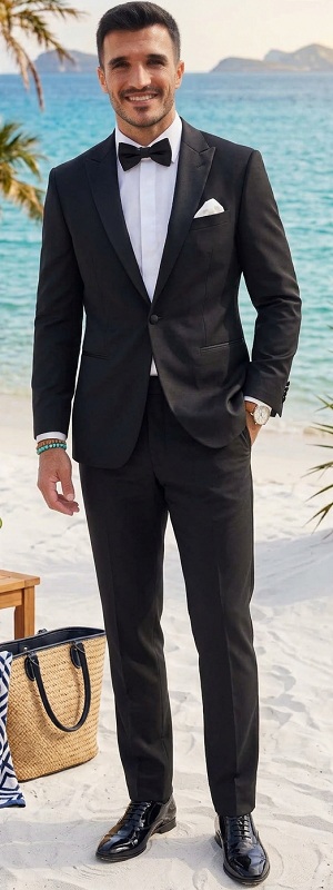 Classic Black Tie Beach Wedding Tuxedo with White Dress Shirt and Patent Leather Shoes