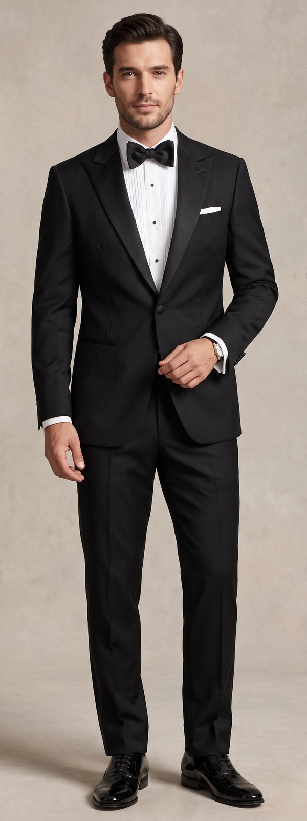 Classic Black Tie Satin Peak Lapel Tuxedo Suit with Bow Tie Look