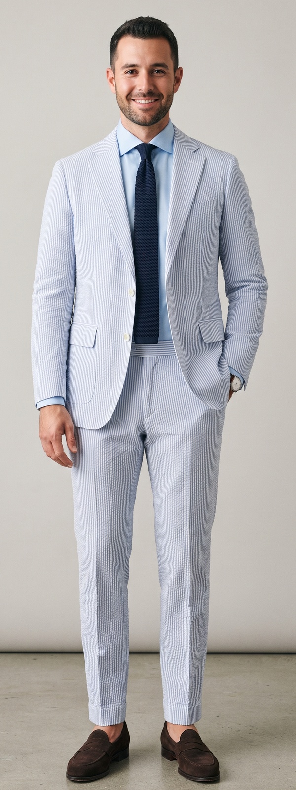 Classic Blue Seersucker Suit with Knit Tie and Suede Loafers