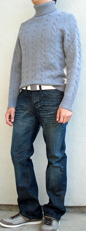 Classic Cozy Grey Cable Knit Turtleneck Sweater with Dark Blue Jeans