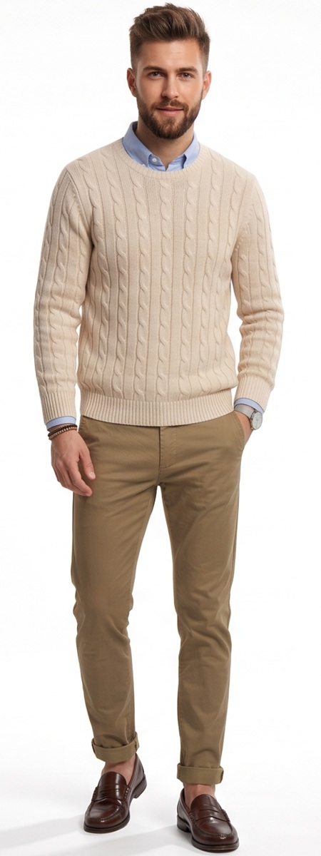 Classic Cream Cable Knit Smart Casual Outfit