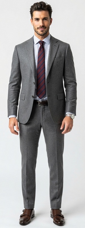 Classic Grey Wool Suit with Micro Check Dress Shirt Striped Burgundy Tie and Monk Strap Shoes Outfit