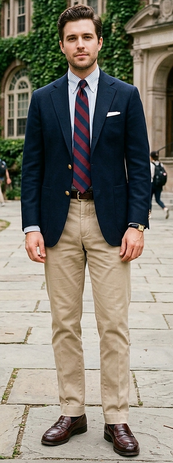 Classic Ivy League Navy Blazer with Repp Stripe Silk Tie and Khaki Chinos Look