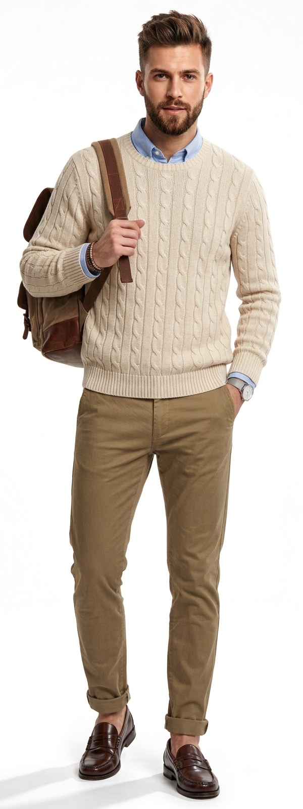 Classic Men's Beige Cable Knit Sweater and Khaki Chinos Academic Outfit