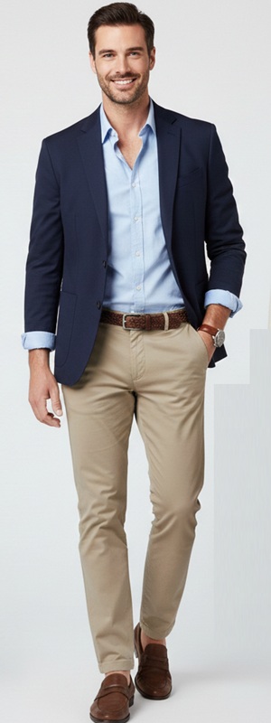 Classic Navy Blazer and Khaki Chinos Smart Casual Look