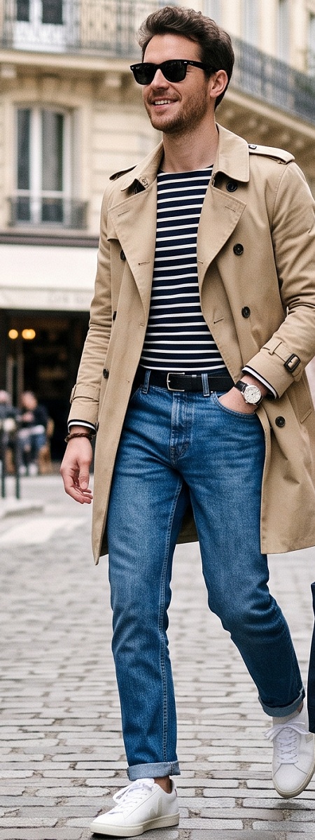 Classic Parisian Tan Trench Coat with Navy Breton Striped Shirt, Medium Wash Jeans, and White Leather Sneakers Outfit