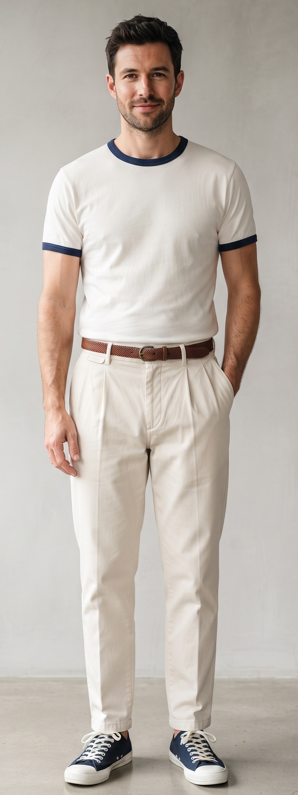 Clean White Ringer Tee with Pleated Chino Pants and Sneakers