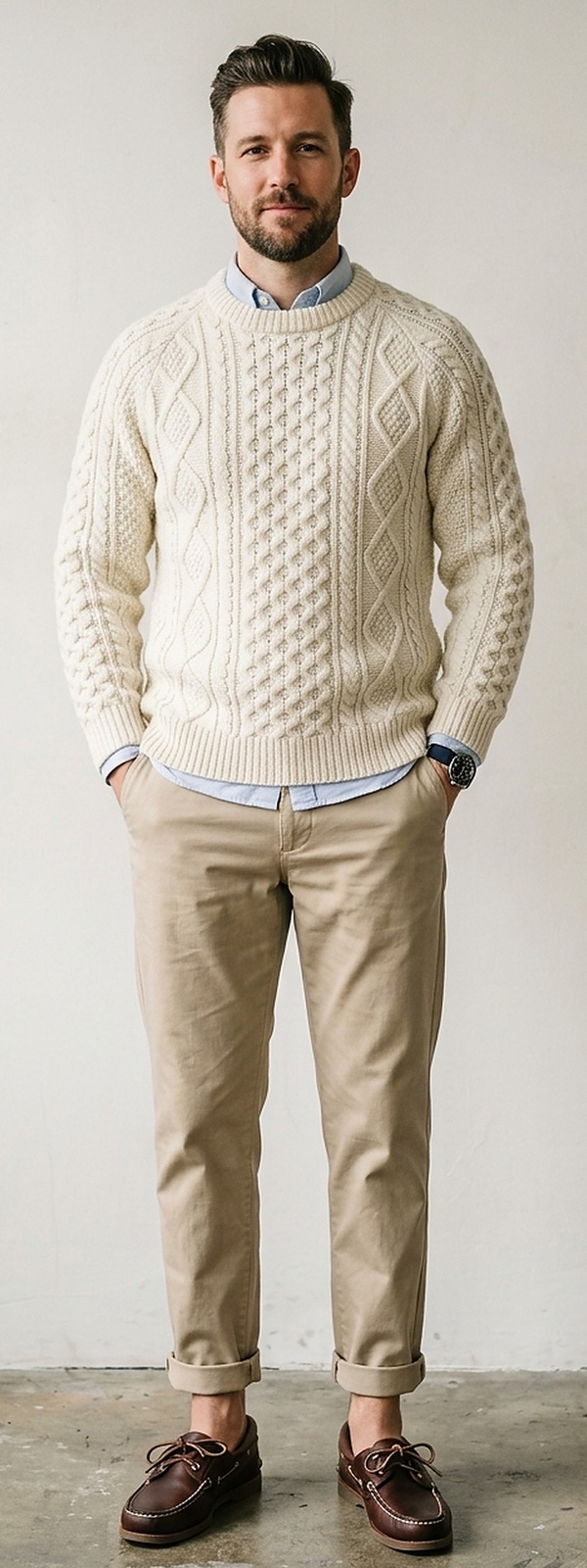 Coastal Grandpa Chunky Cream Cable Knit Sweater with Rolled Khakis and Leather Boat Shoes