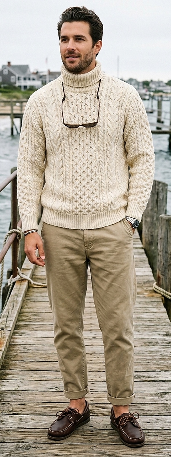 Coastal Grandpa Chunky Cable Knit Turtleneck and Washed Chinos with Boat Shoes