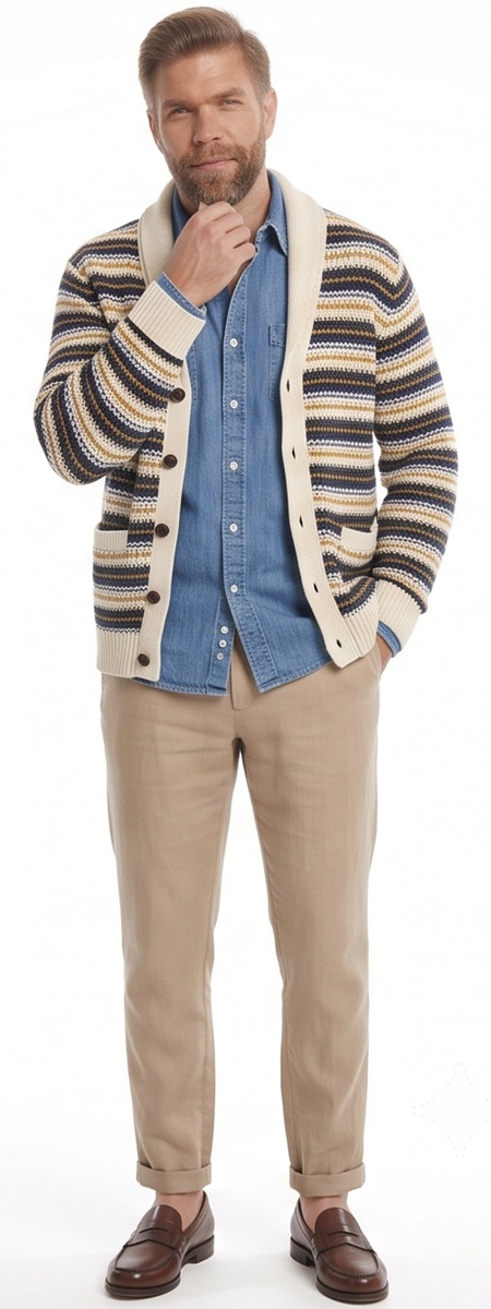 Coastal Grandpa Styled Striped Cardigan and Denim Shirt Ensemble