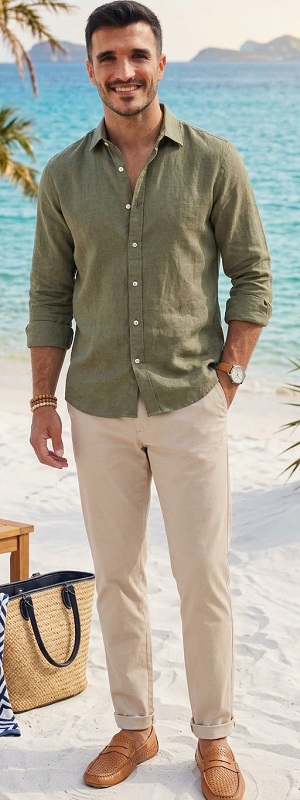 Coastal Resort Olive Green Linen Shirt with Beige Chino Pants and Woven Loafers Outfit