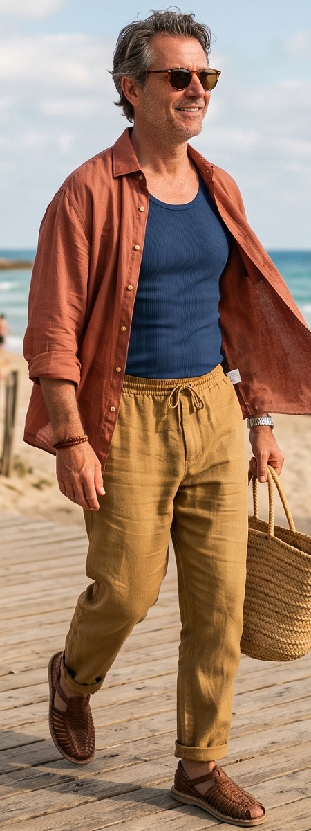 Coastal Resort Terracotta Linen Shirt with Blue Ribbed Tank Top, Tan Drawstring Linen Pants, and Woven Leather Sandals Outfit