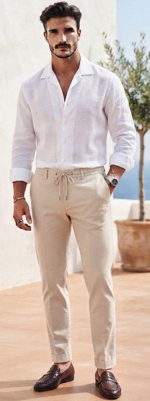 Coastal Resort White Linen Camp Collar Shirt with Beige Drawstring Chino Pants and Woven Loafers Outfit
