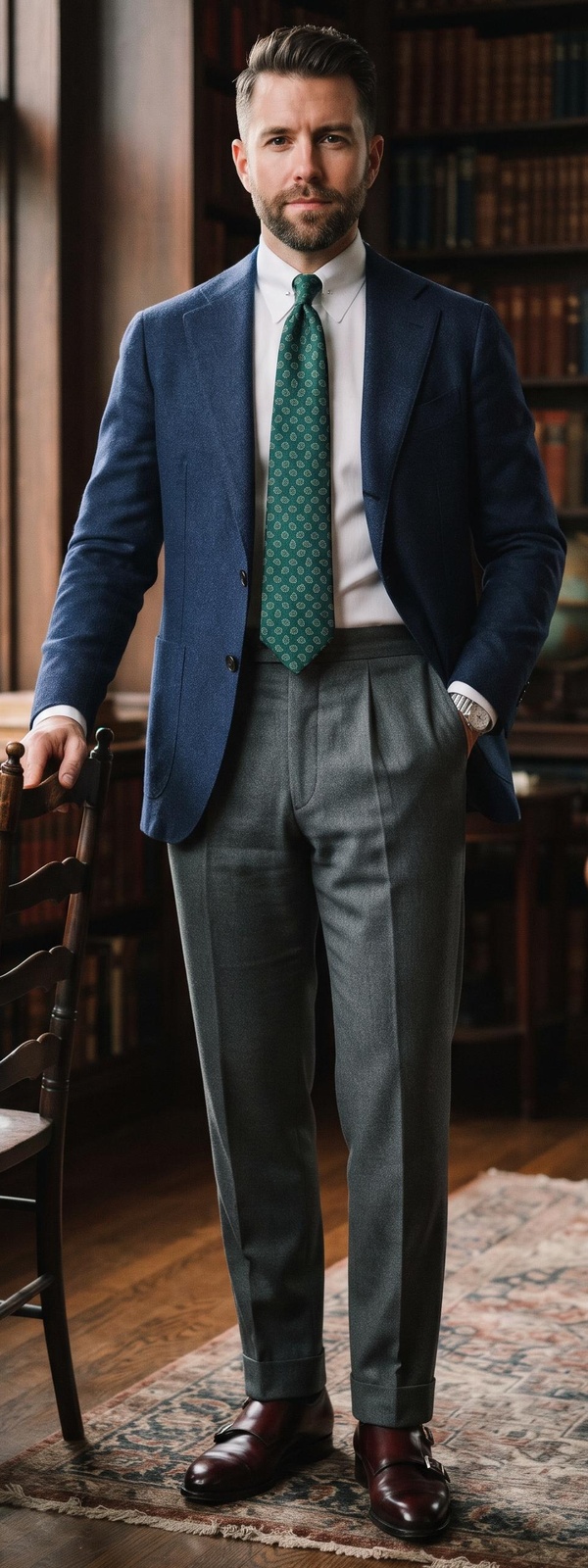 Cobalt Tweed Blazer, Emerald Silk Tie & Grey Flannel Trousers
