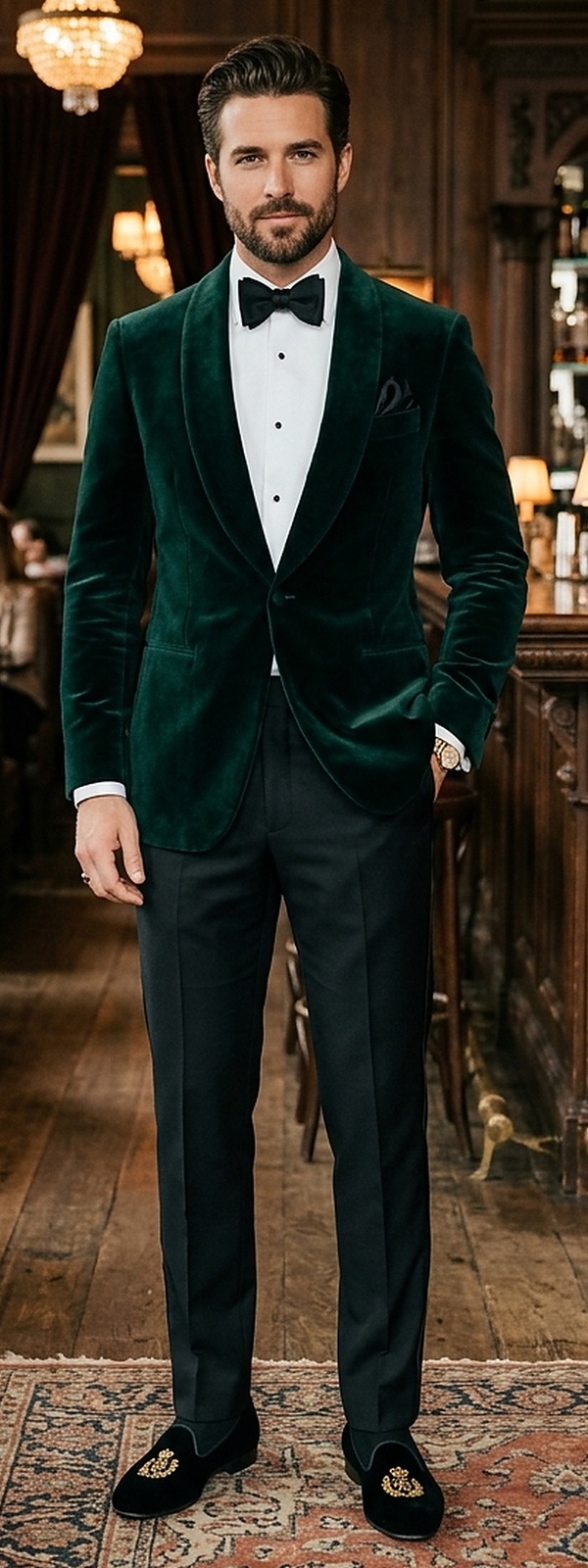 Cocktail Party Emerald Velvet Dinner Jacket and Satin Trousers with Velvet Slippers
