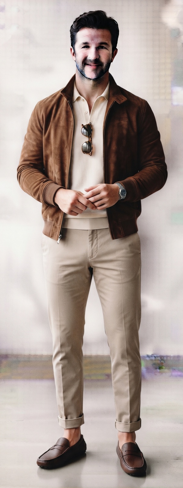 Cognac Brown Suede Bomber Jacket with Knit Polo and Chino Pants