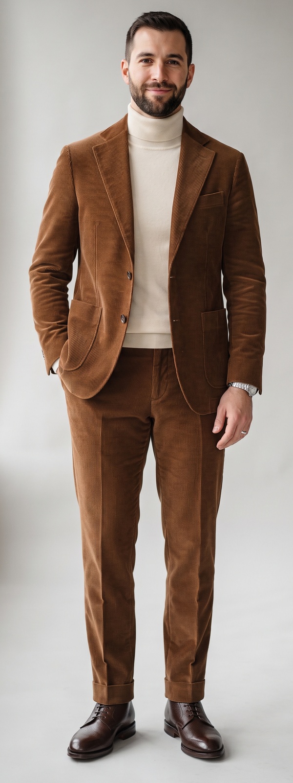 Refined Cognac Corduroy Suit and Cream Turtleneck Sweater Smart Casual Look