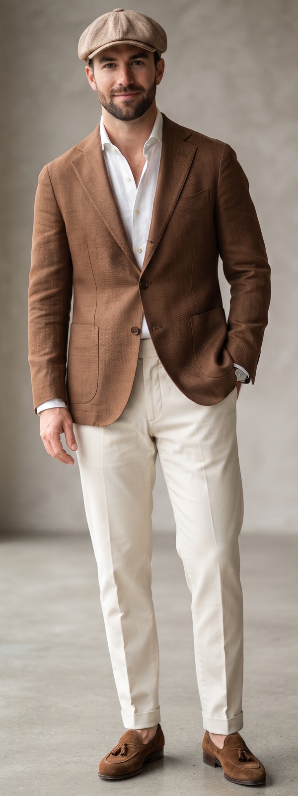 Cognac Hopsack Linen Blazer with Baker Boy Cap and Suede Tassel Loafers