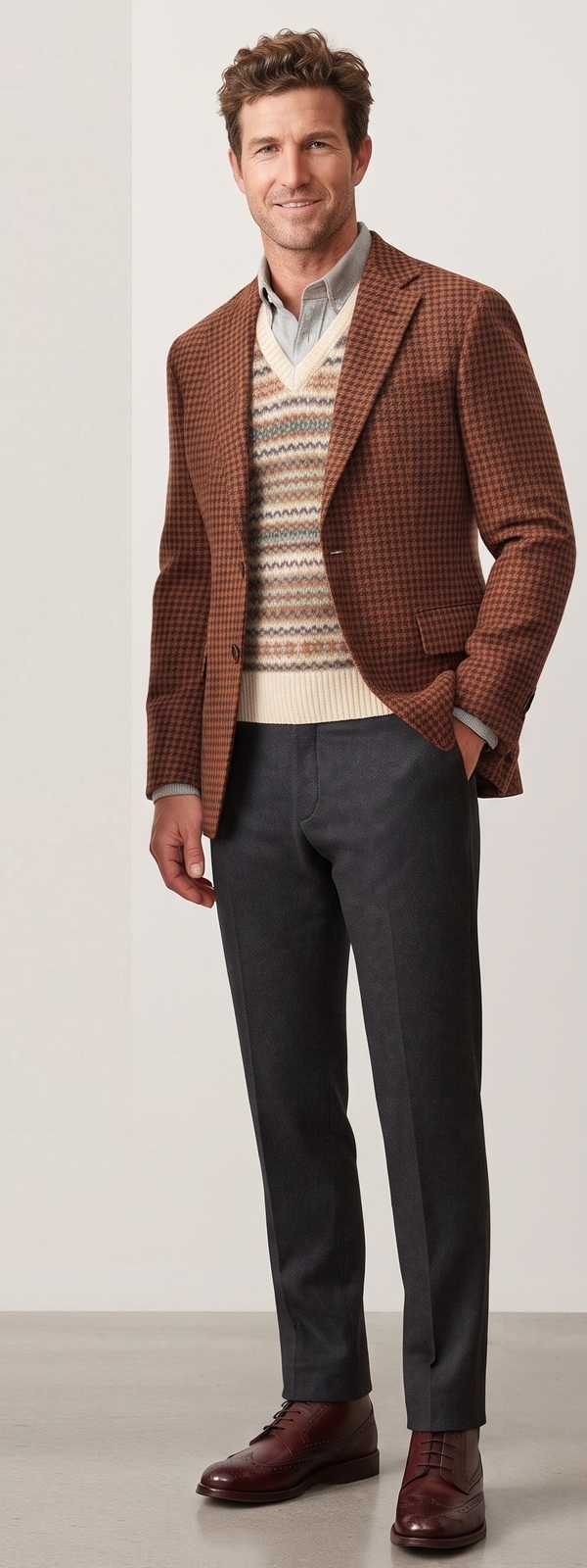 Rustic Autumn Cognac Houndstooth Tweed Blazer Fair Isle Knit Vest and Charcoal Flannels Look