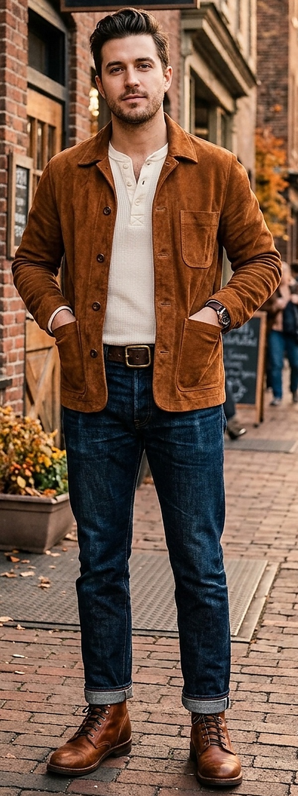 Cognac Suede Chore Jacket Waffle Henley Raw Selvedge Denim Look