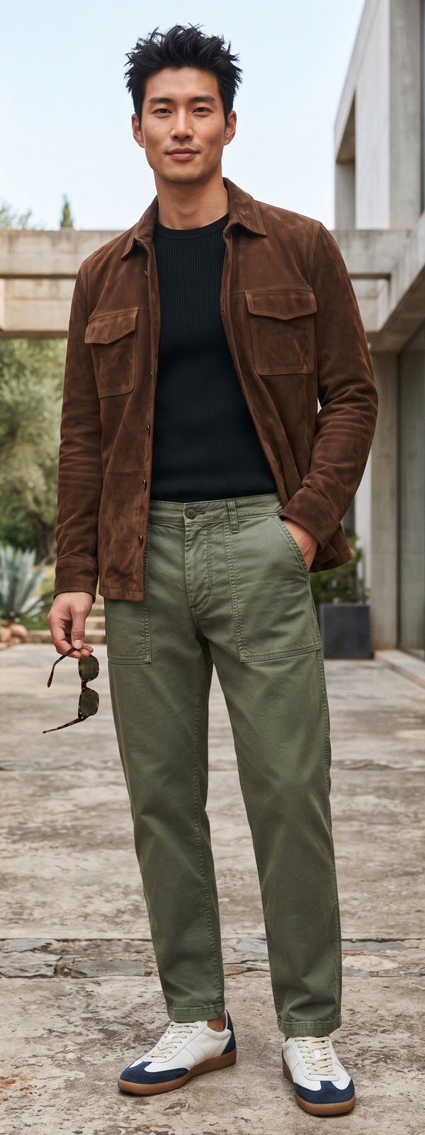 Cognac Suede Overshirt, Ribbed Knit, and Olive Fatigue Pants