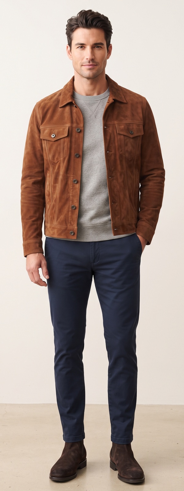 Cognac Suede Trucker Jacket Grey Sweatshirt and Navy Chino Pants Look