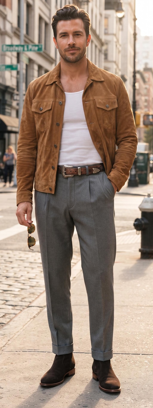 Cognac Suede Trucker Jacket, Ribbed Tank & Flannel Trousers