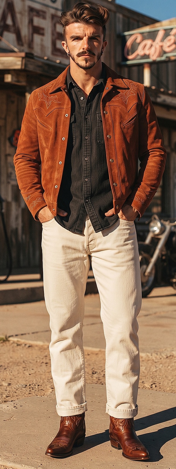 Cognac Suede Western Jacket Black Shirt and Cream Jeans Outfit