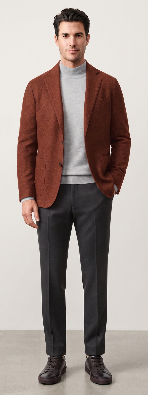 Sleek Cognac Wool Blazer Heather Grey Turtleneck and Charcoal Pants Look
