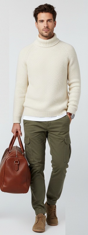 Cozy Cream Ribbed Turtleneck and Olive Cargo Pants Weekend Look