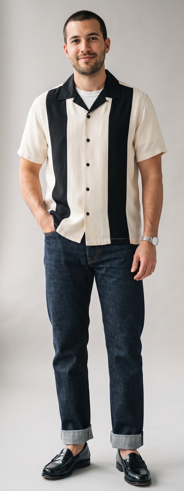 Retro Cream and Black Bowling Shirt With Dark Selvedge Jeans and Loafers