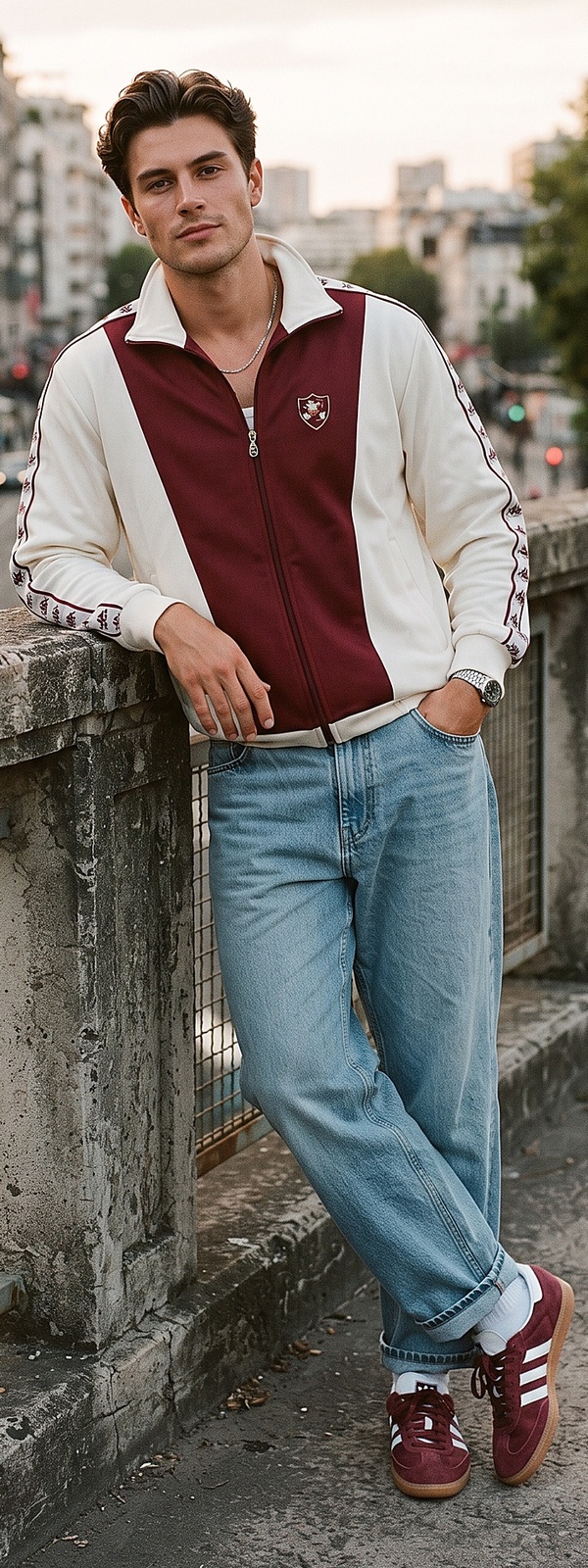 Nineties Cream and Burgundy Track Jacket and Relaxed Denim Outfit