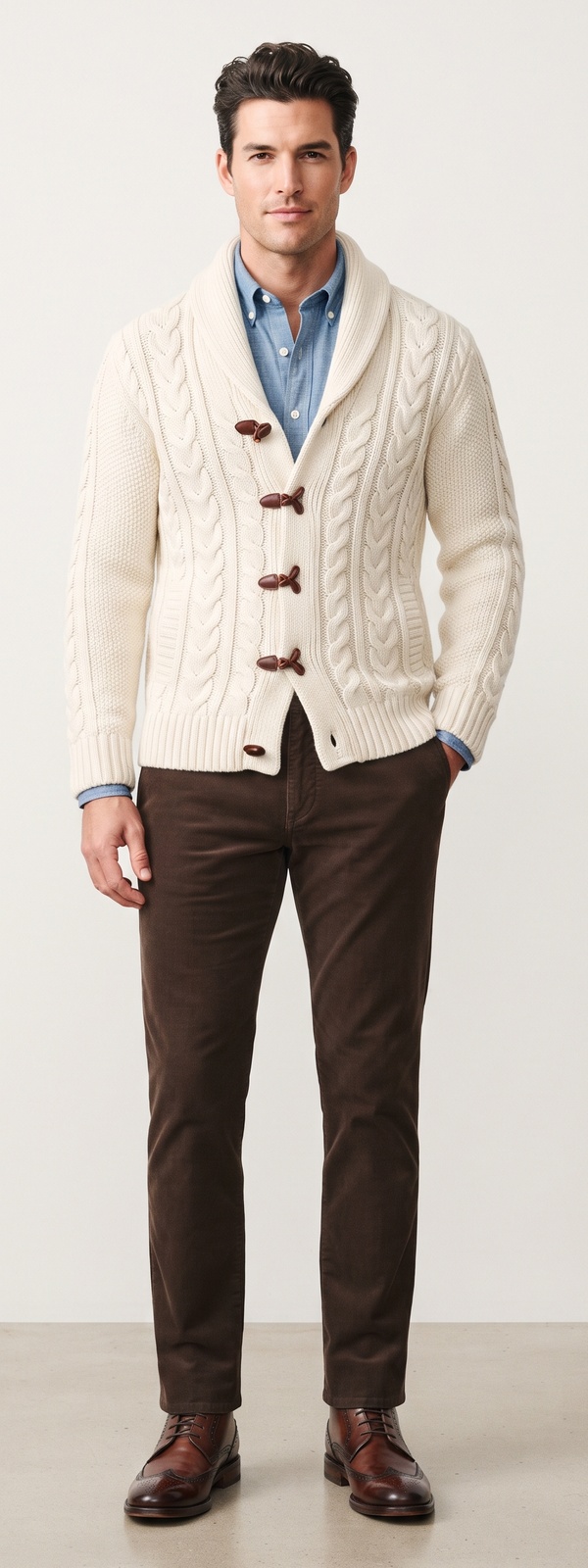 Heritage Cream Cable Knit Shawl Cardigan Chambray Shirt and Brown Corduroys Look