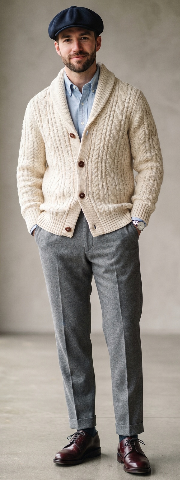 Cream Cable Knit Shawl Cardigan with Newsboy Cap and Burgundy Derbies