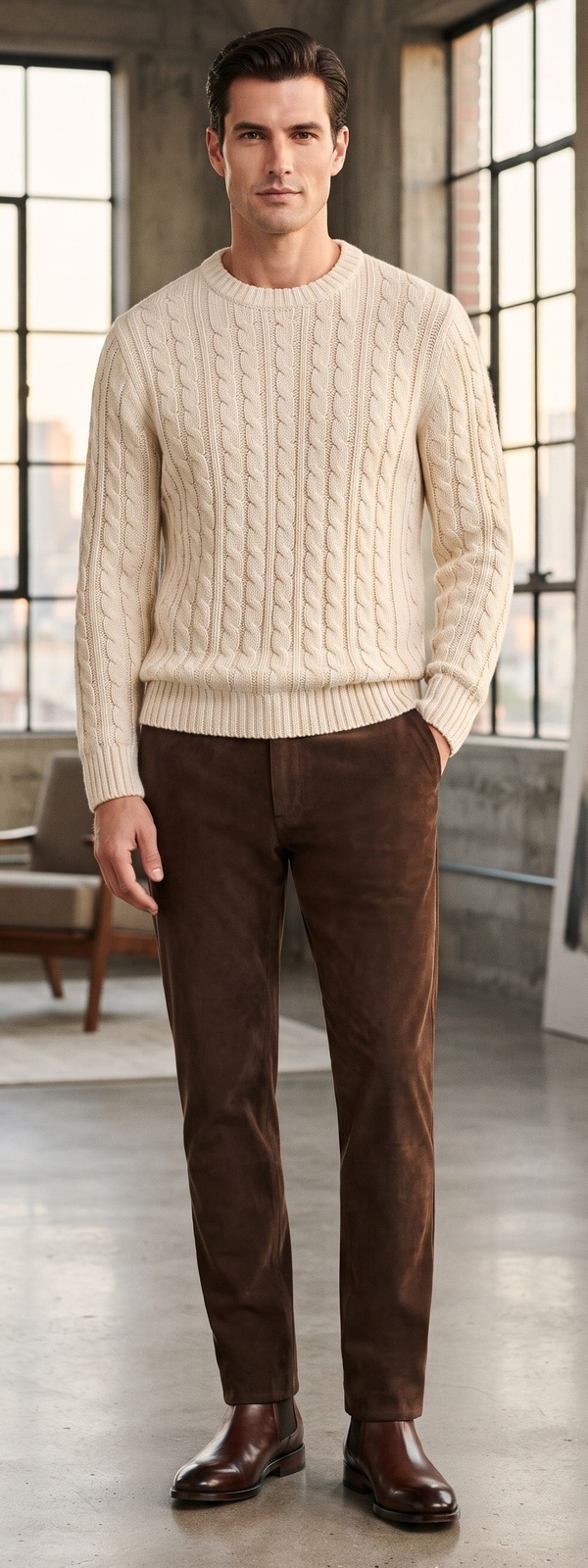 Cream Cable Knit Crewneck Sweater with Brown Corduroy Pants