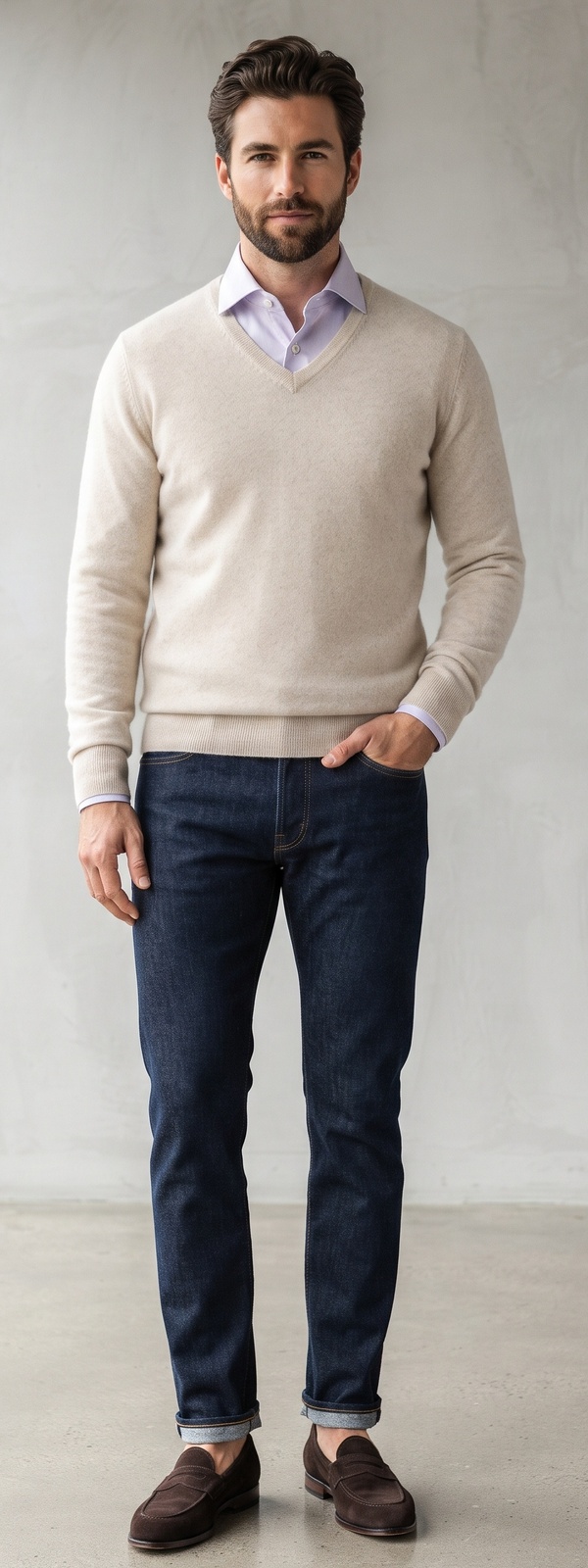 Cream Cashmere V-Neck Sweater with Lilac Dress Shirt and Dark Jeans