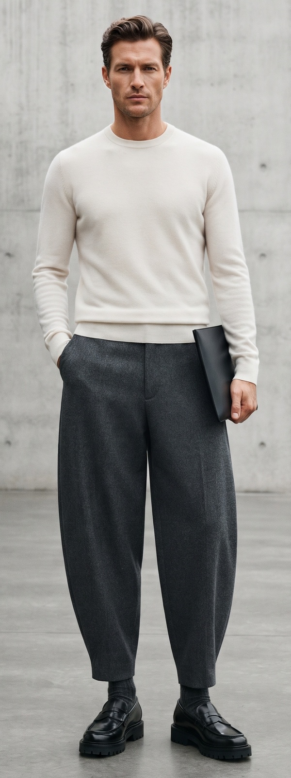 Cream Crewneck Sweater with Charcoal Balloon Trousers and Chunky Loafers