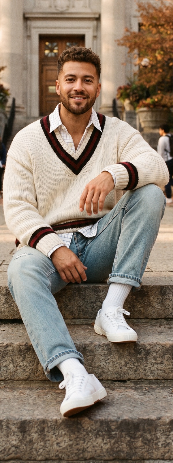 Casual Ivy Cream Knit Cricket Sweater and Light Wash Jeans Look