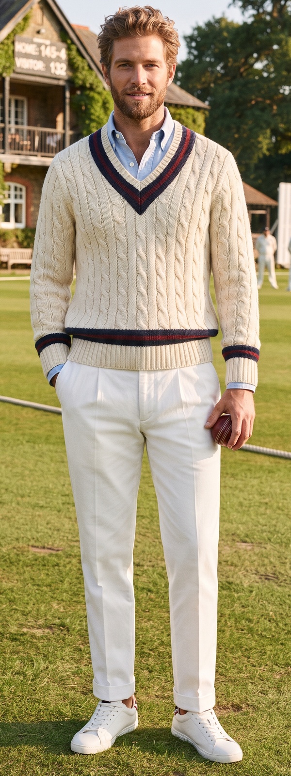Heritage Cream Cable Knit Cricket Sweater and White Pleated Pants Look