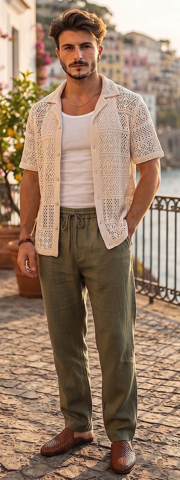 Cream Crochet Camp Shirt Olive Linen Pants and Woven Mules Look