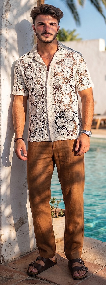 Cream Floral Lace Camp Shirt and Rust Linen Pants Summer Outfit