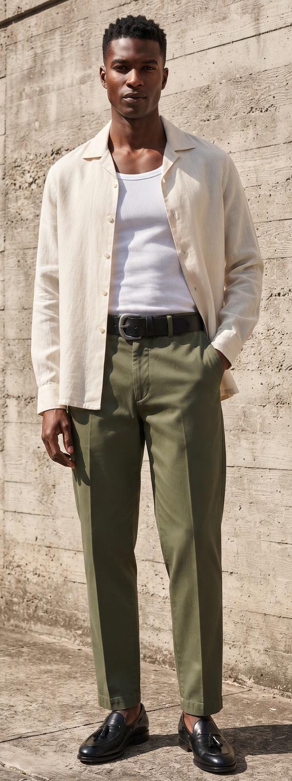 Cream Linen Camp Collar Shirt with Ribbed Tank and Olive Chino Pants