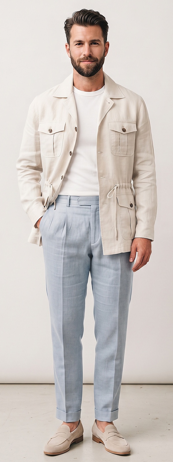 Cream Linen Safari Jacket and Light Blue Pleated Dress Pants Resort Style